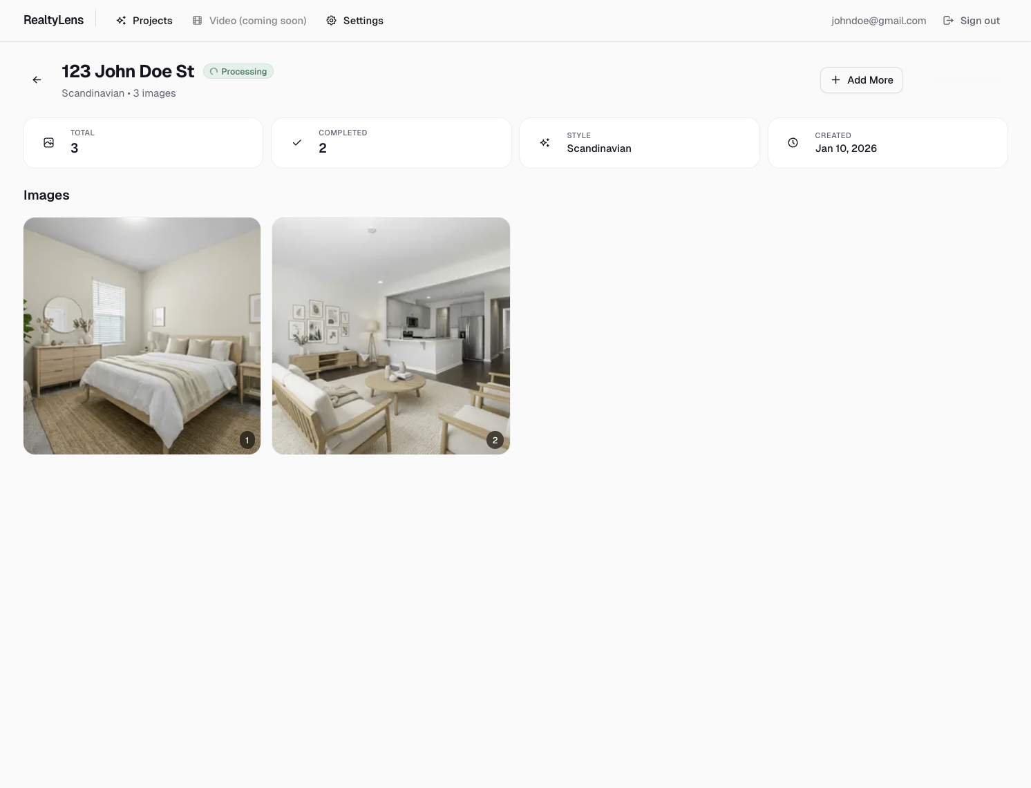 RealtyLens app dashboard showing AI photo enhancement